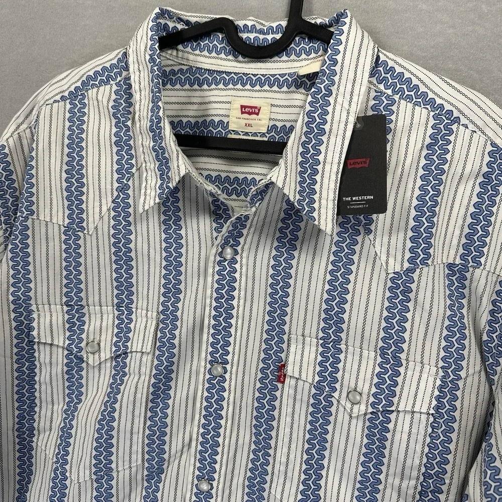 Levis Western Standard Fit Long Sleeve Pearl Snap Shirt Wave Print Blue XXL NEW